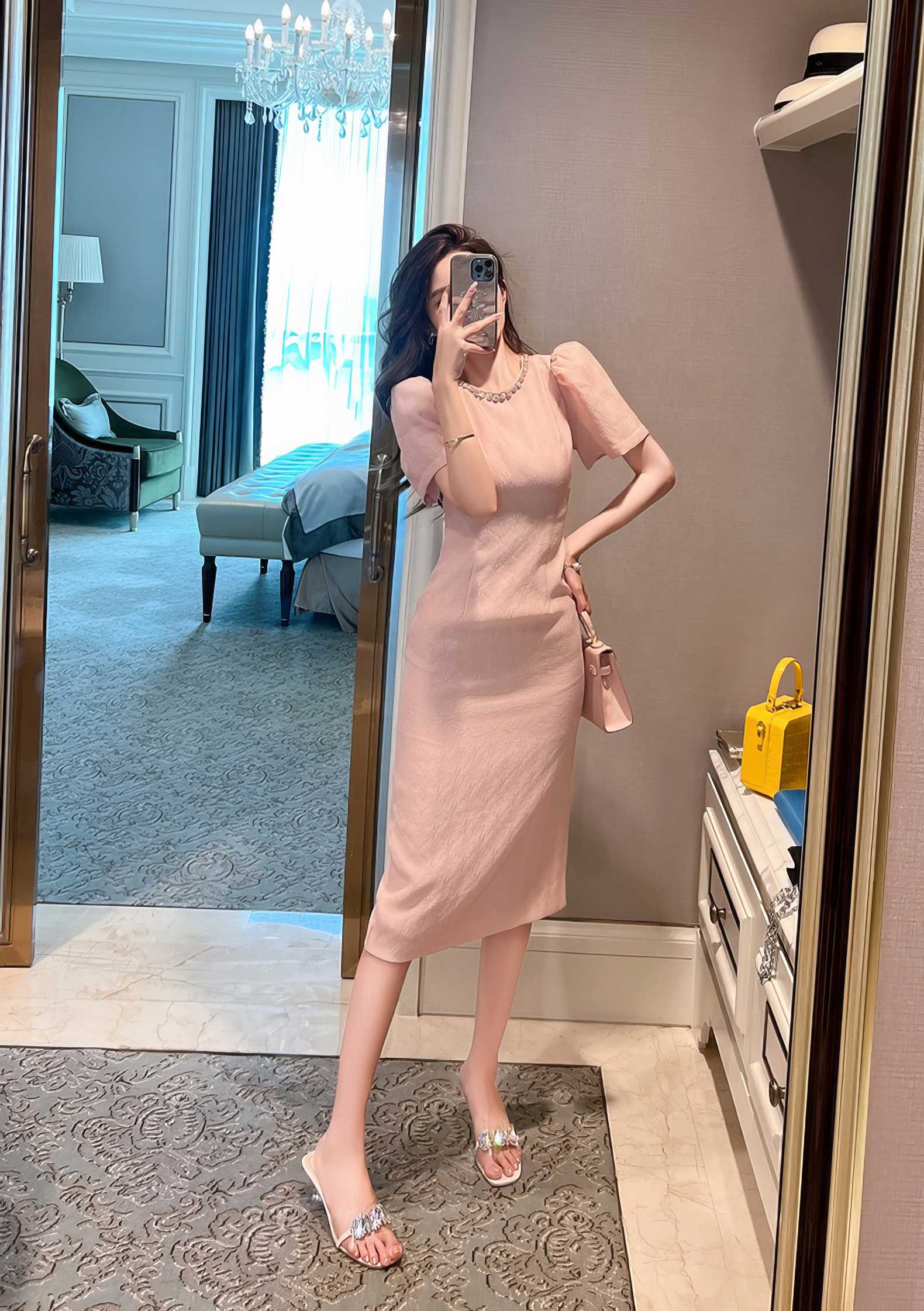Rhinestone Embellished Puff Sleeves Dress