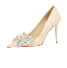 Rhinestone Silk Bow Detailed Court Heels EU 33 / White / 10CM