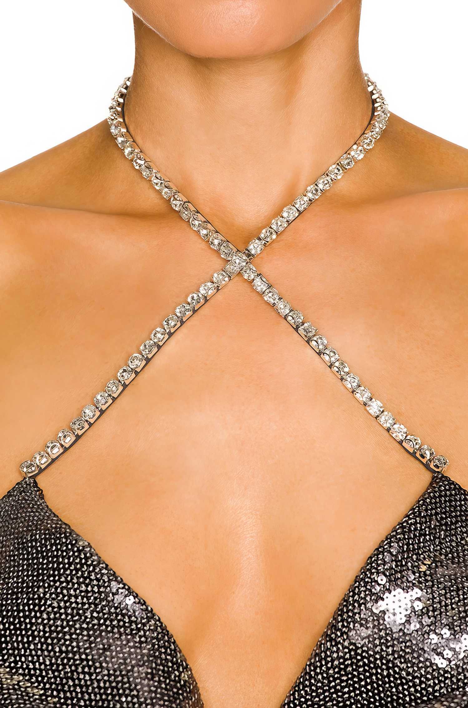 Rhinestone Strap Open Back Sequin Evening Dress