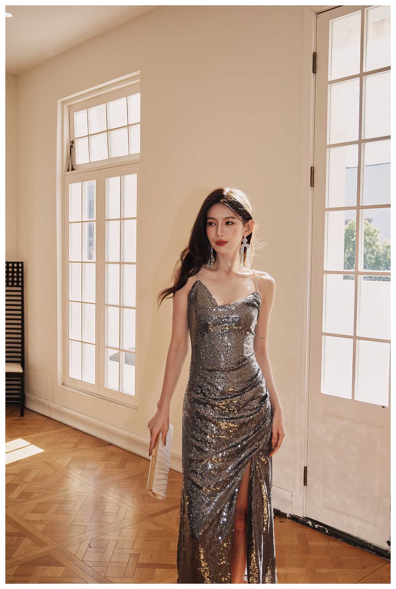 Rhinestone Strap Open Back Sequin Evening Dress