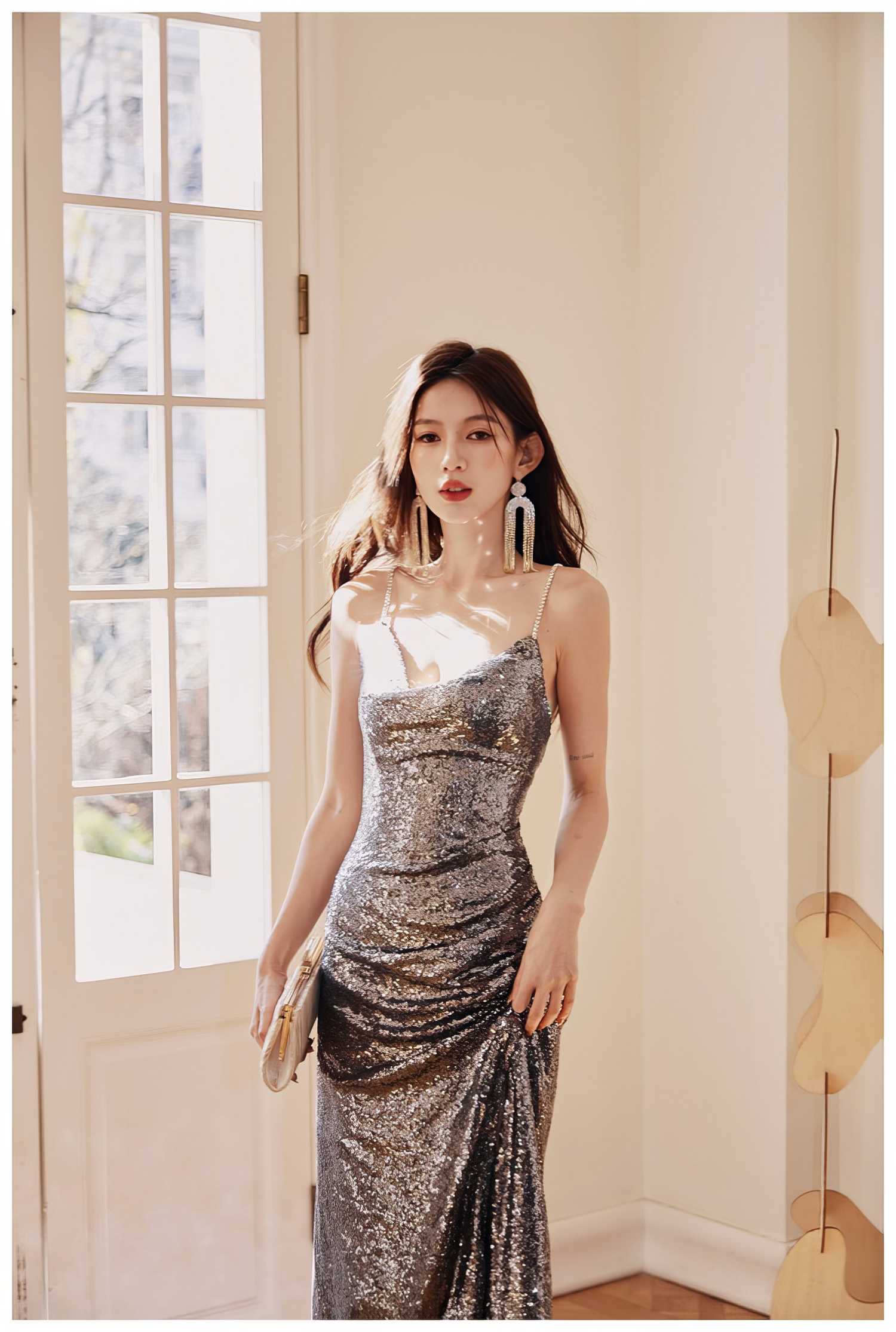 Rhinestone Strap Open Back Sequin Evening Dress