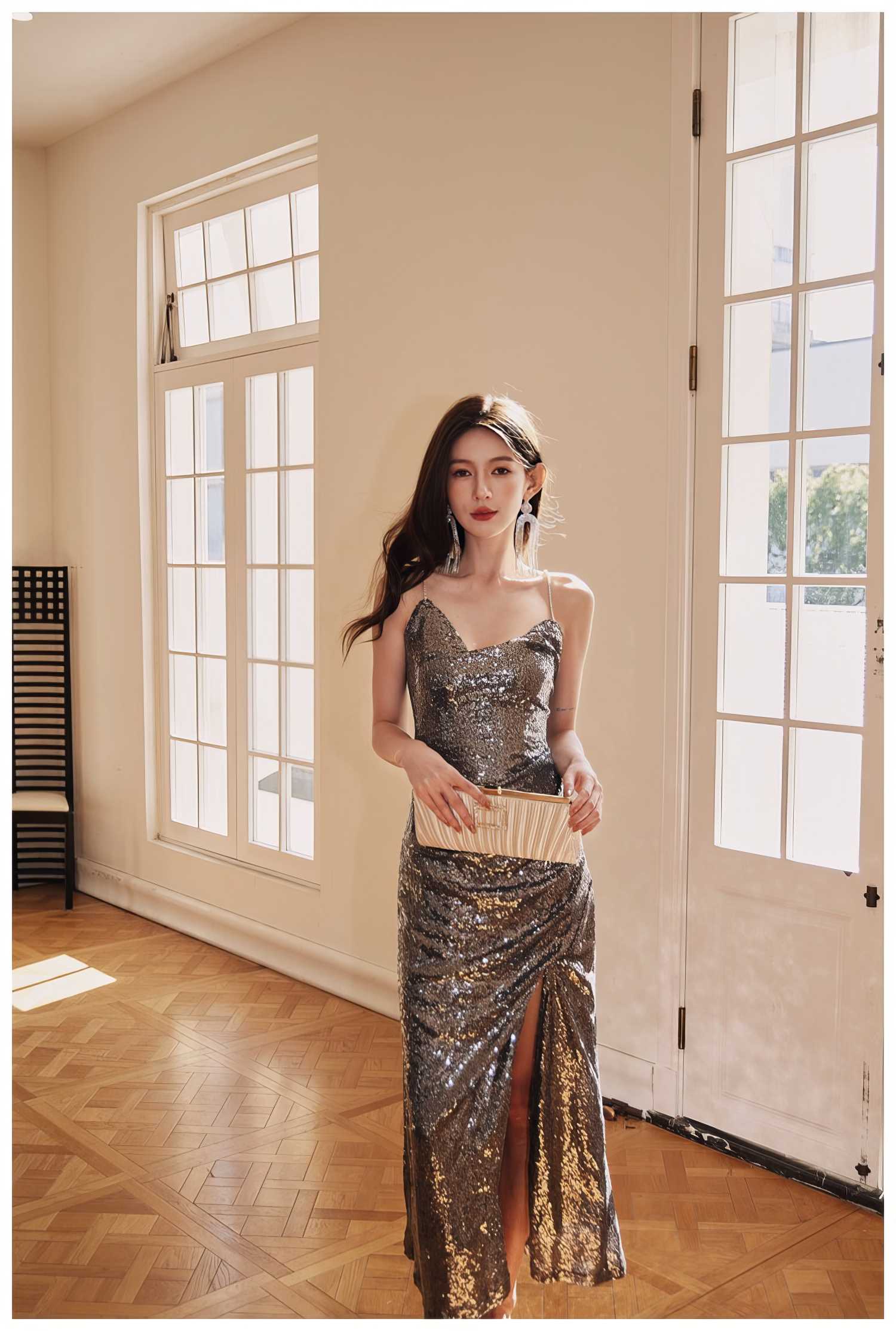 Rhinestone Strap Open Back Sequin Evening Dress