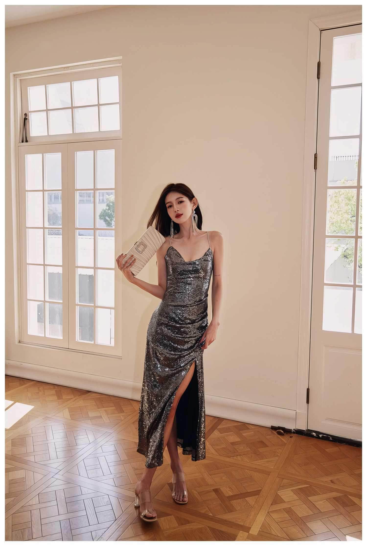 Rhinestone Strap Open Back Sequin Evening Dress