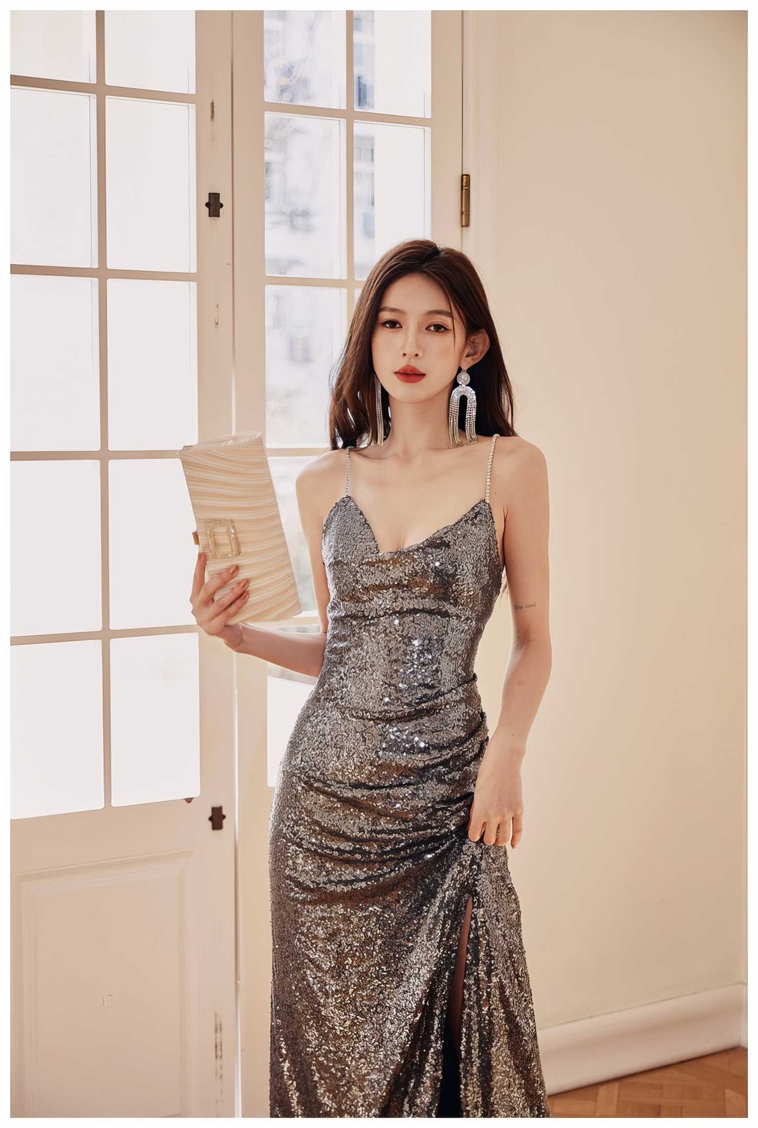 Rhinestone Strap Open Back Sequin Evening Dress