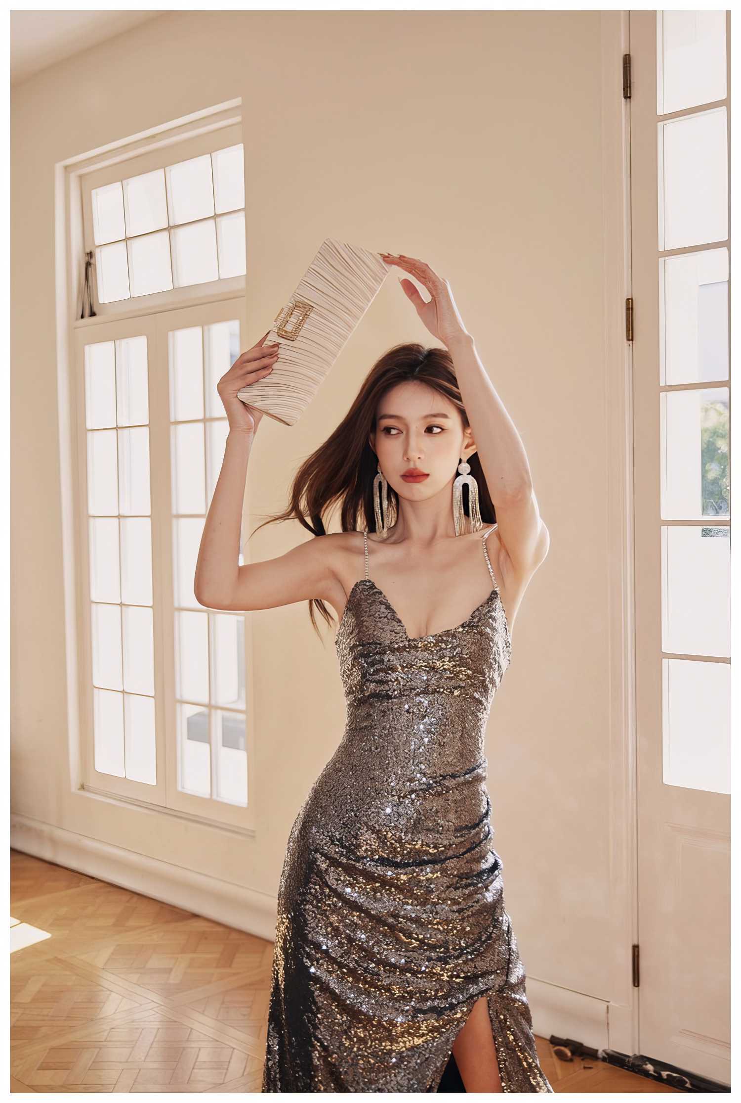 Rhinestone Strap Open Back Sequin Evening Dress