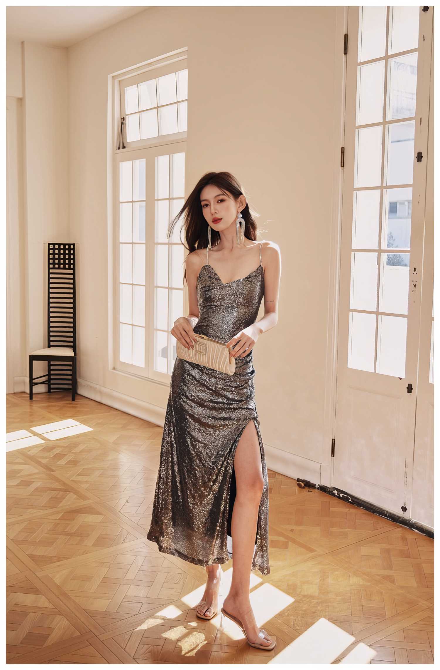 Rhinestone Strap Open Back Sequin Evening Dress