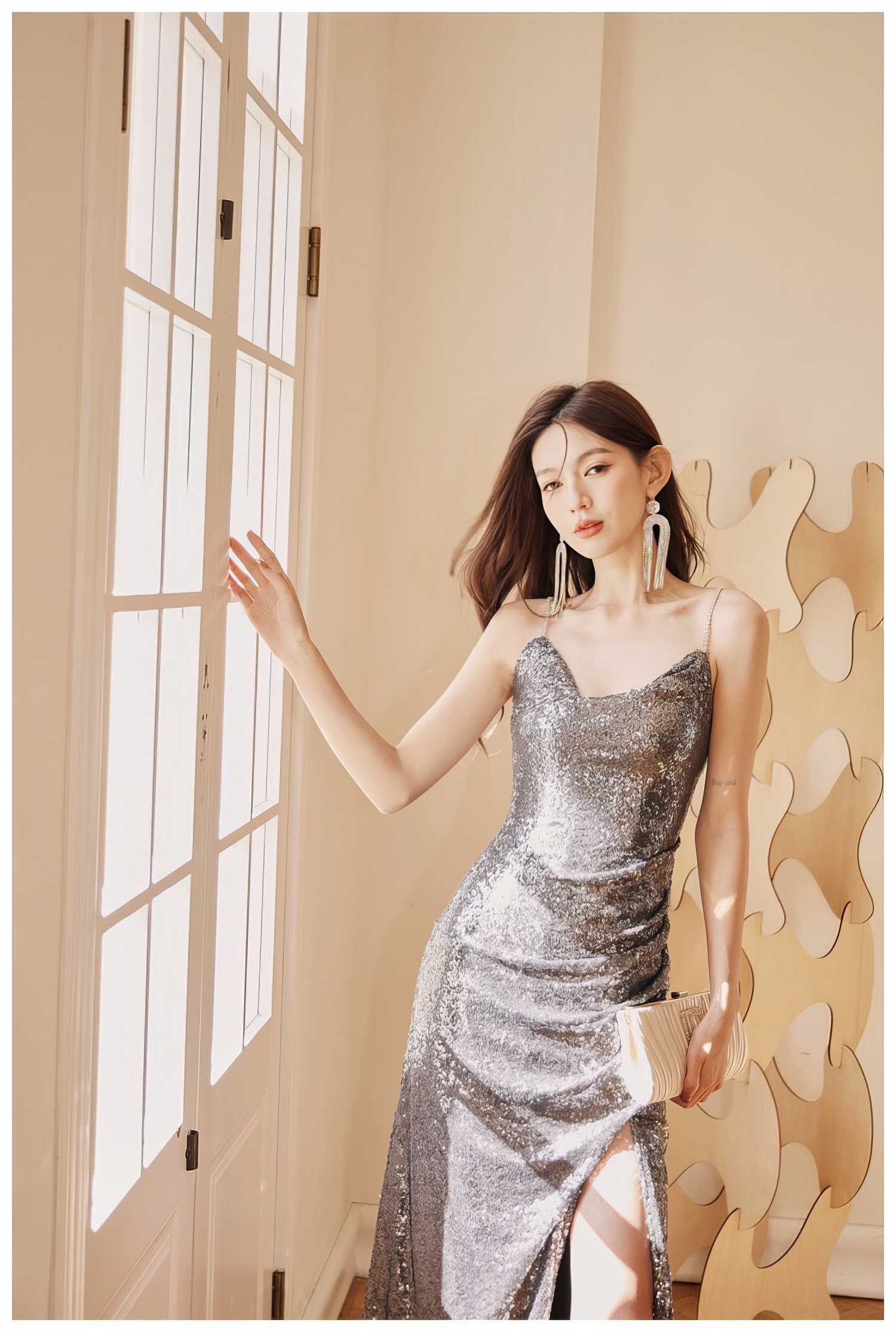 Rhinestone Strap Open Back Sequin Evening Dress