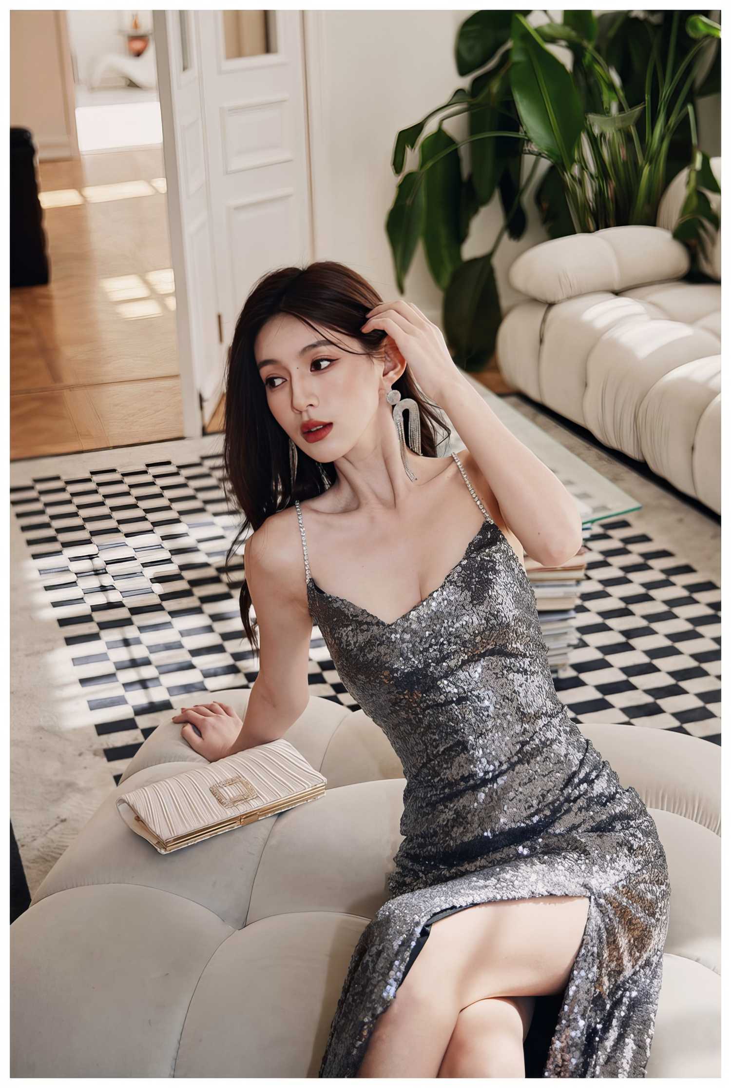 Rhinestone Strap Open Back Sequin Evening Dress