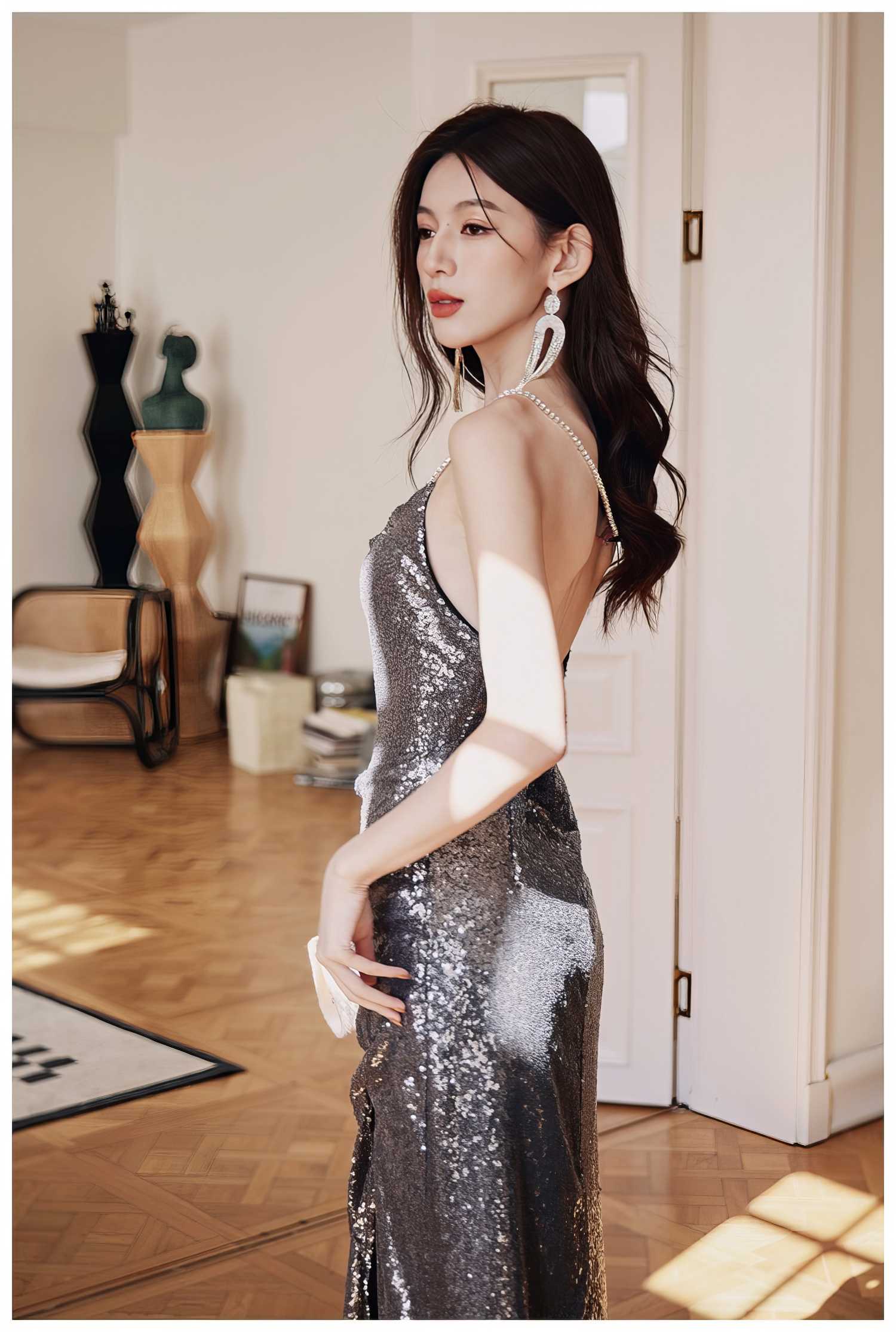 Rhinestone Strap Open Back Sequin Evening Dress