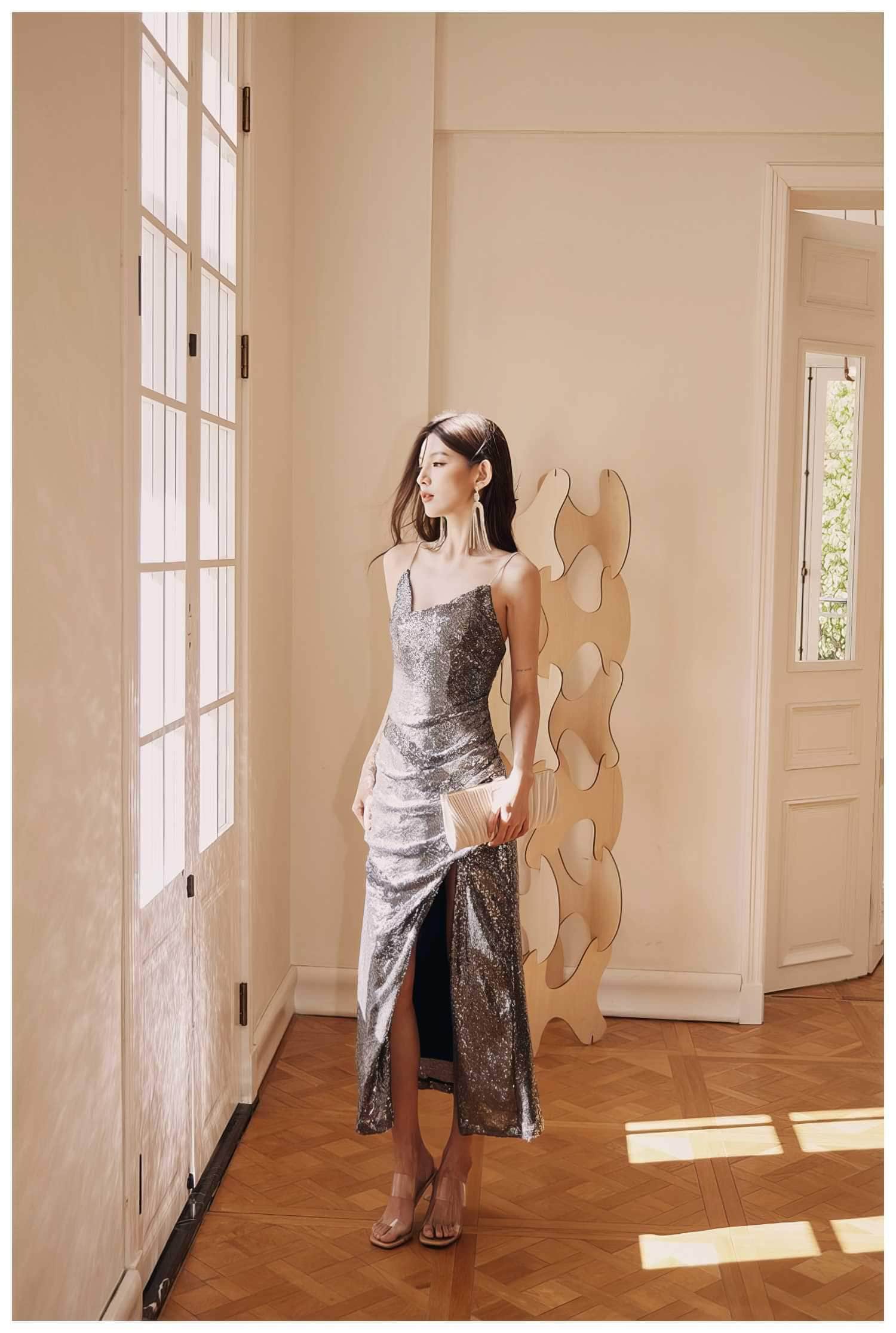 Rhinestone Strap Open Back Sequin Evening Dress
