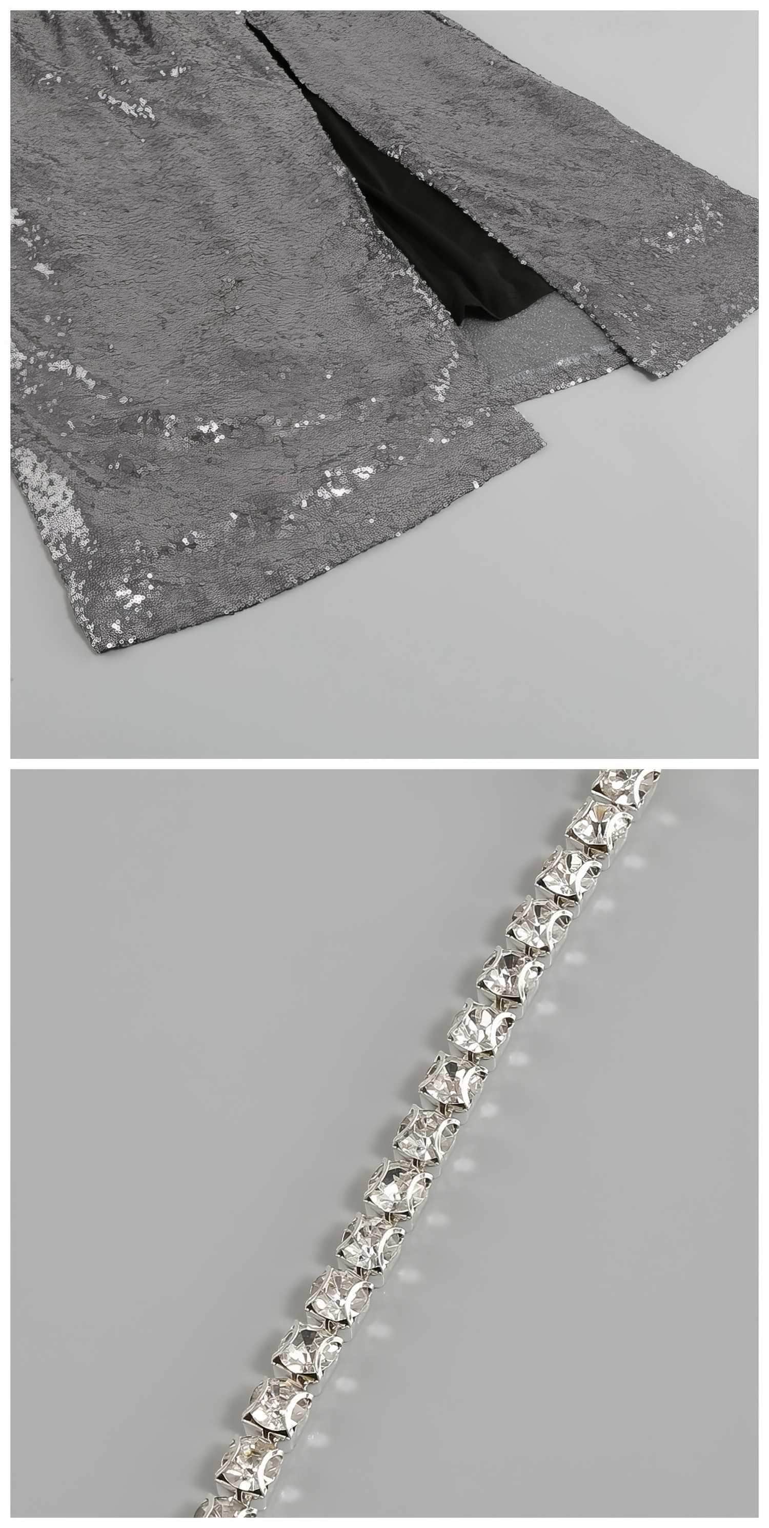 Rhinestone Strap Open Back Sequin Evening Dress