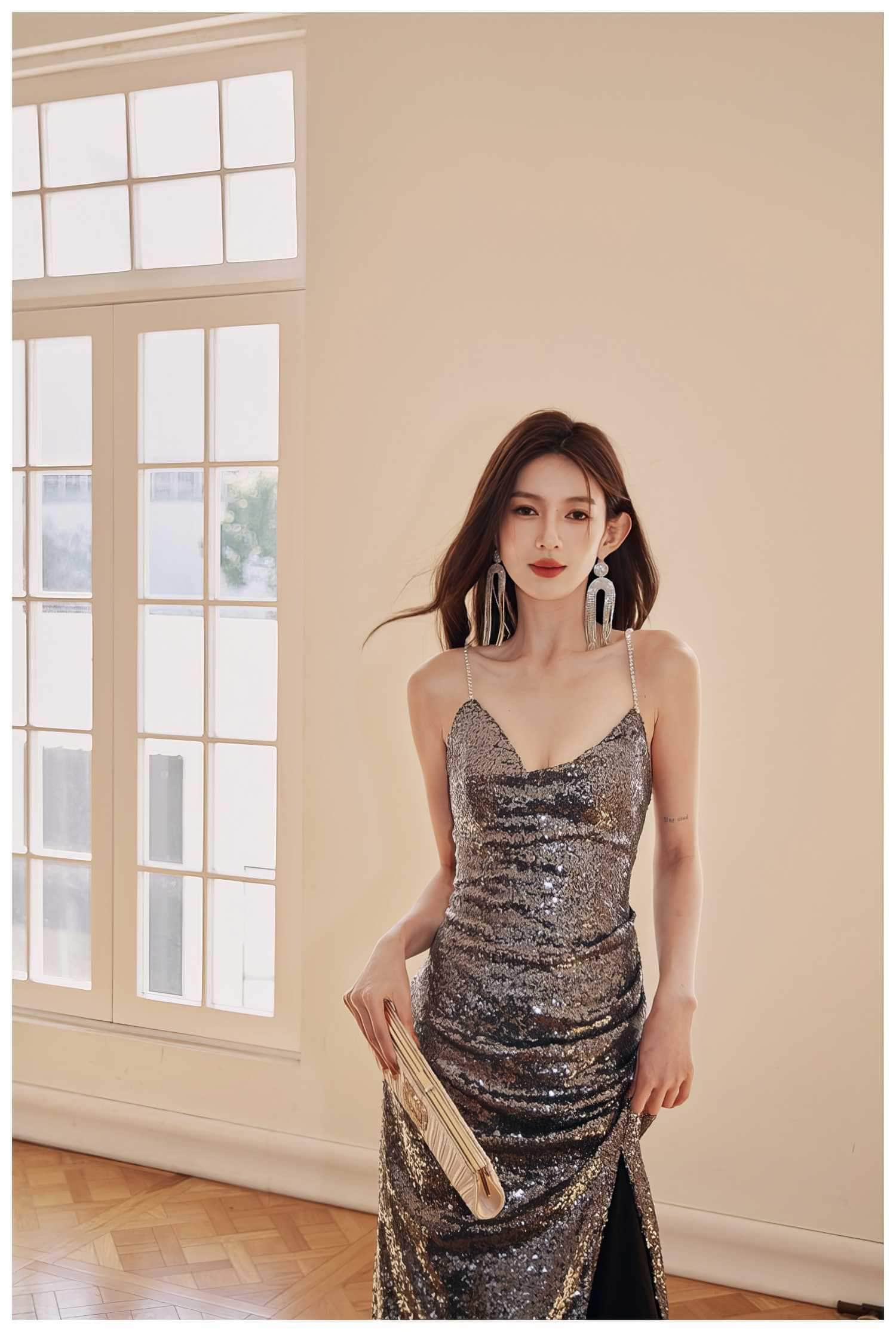 Rhinestone Strap Open Back Sequin Evening Dress