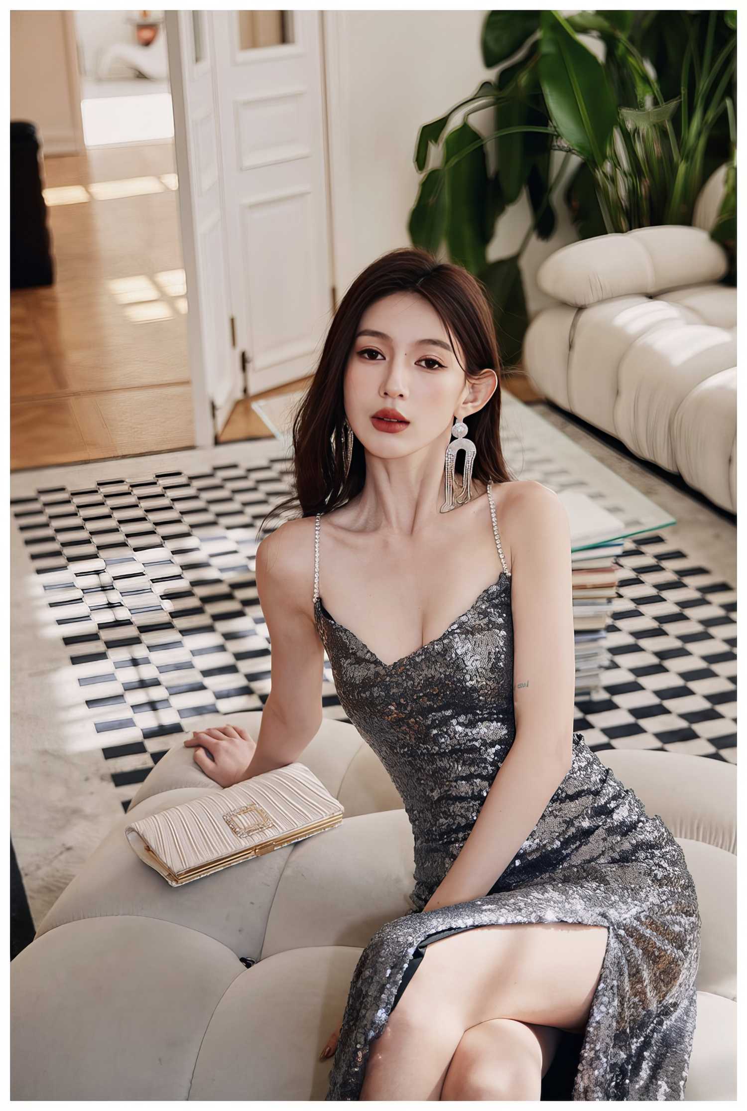Rhinestone Strap Open Back Sequin Evening Dress