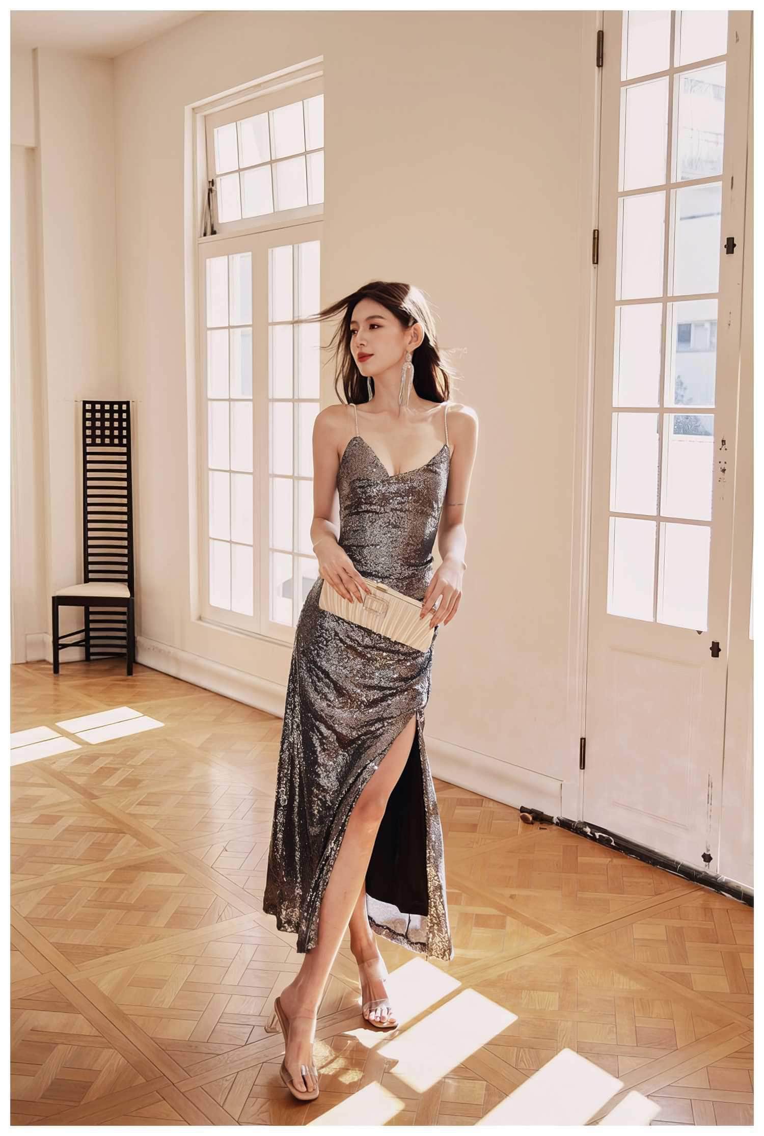 Rhinestone Strap Open Back Sequin Evening Dress