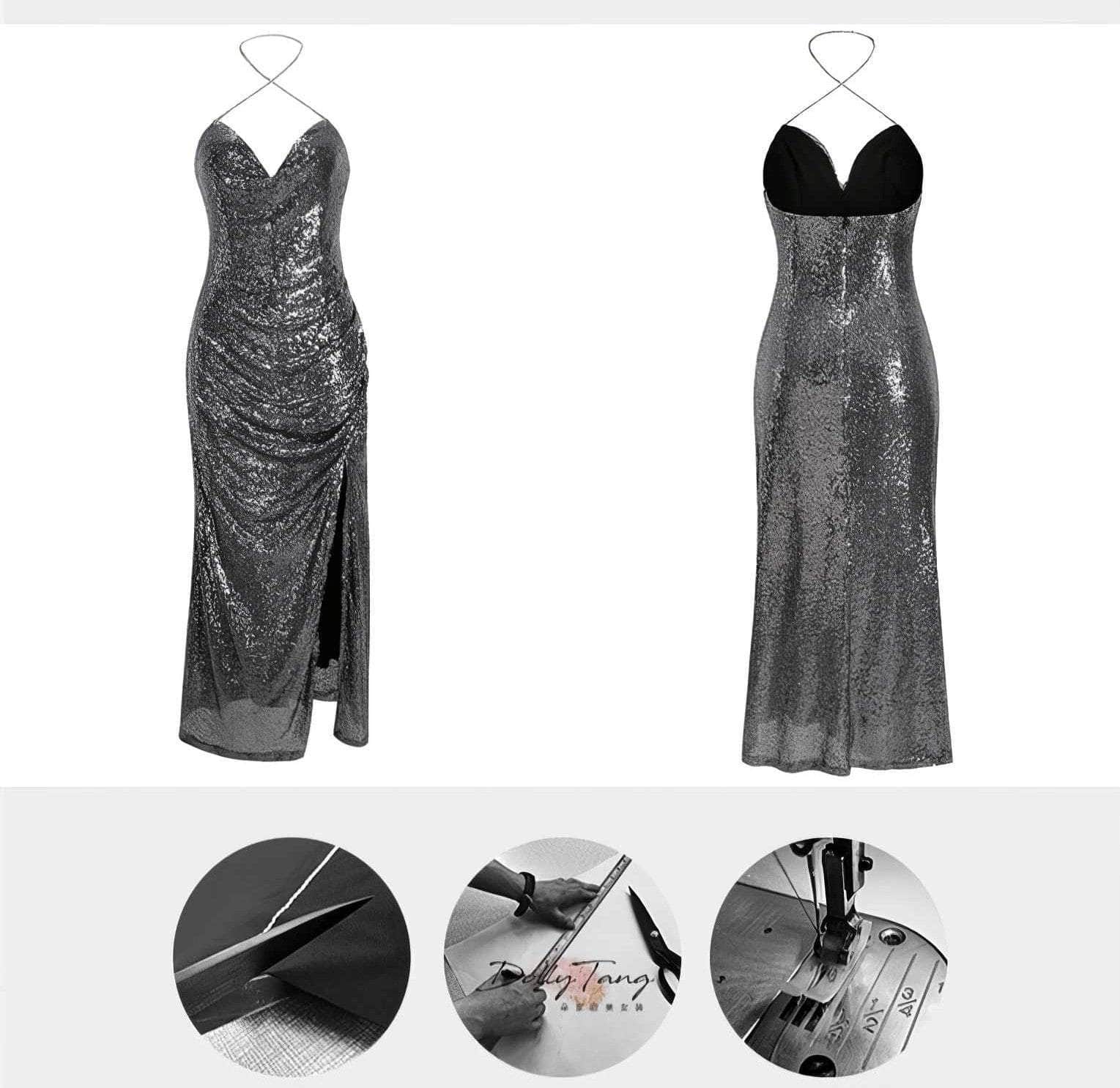 Rhinestone Strap Open Back Sequin Evening Dress
