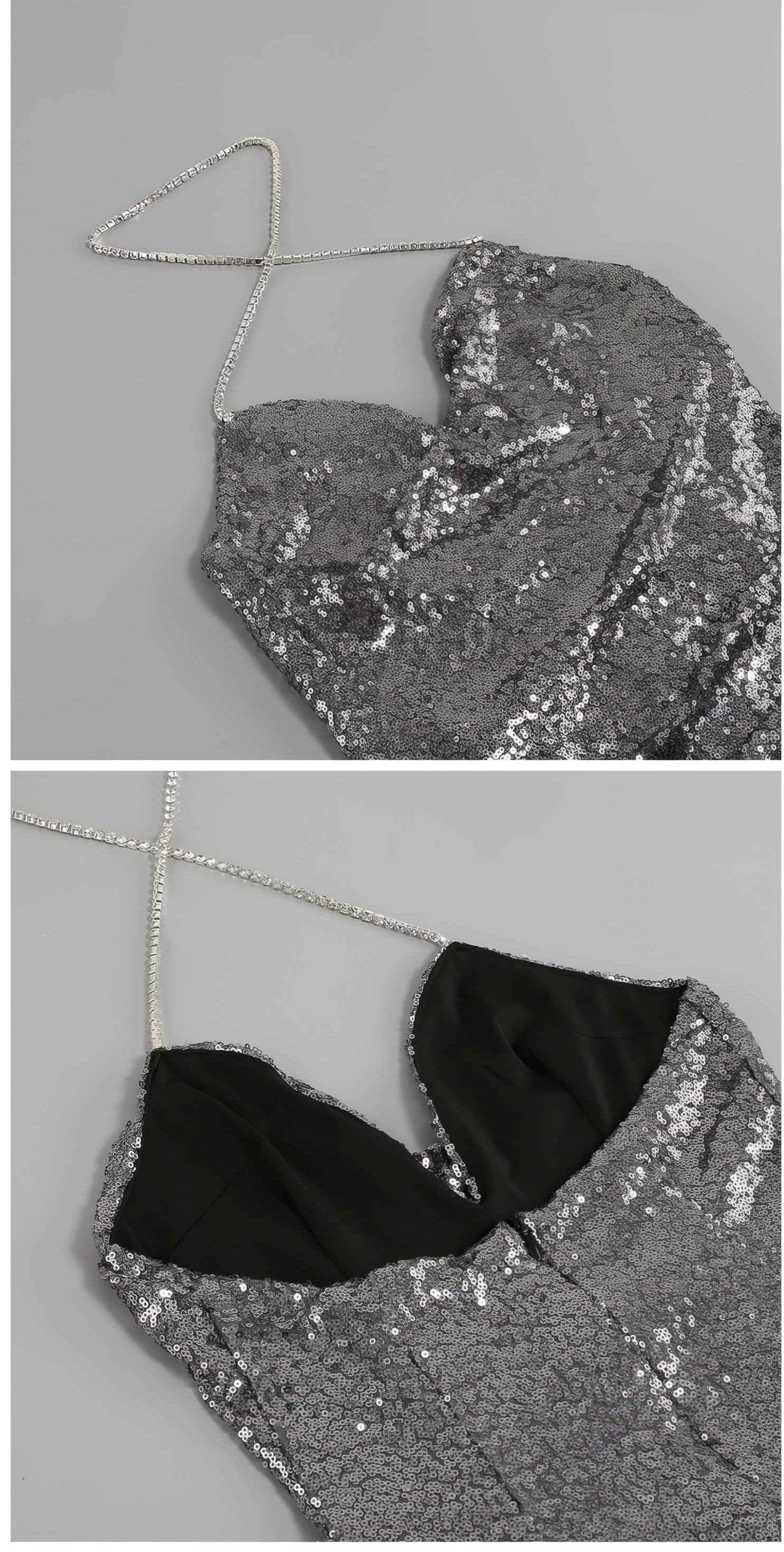 Rhinestone Strap Open Back Sequin Evening Dress