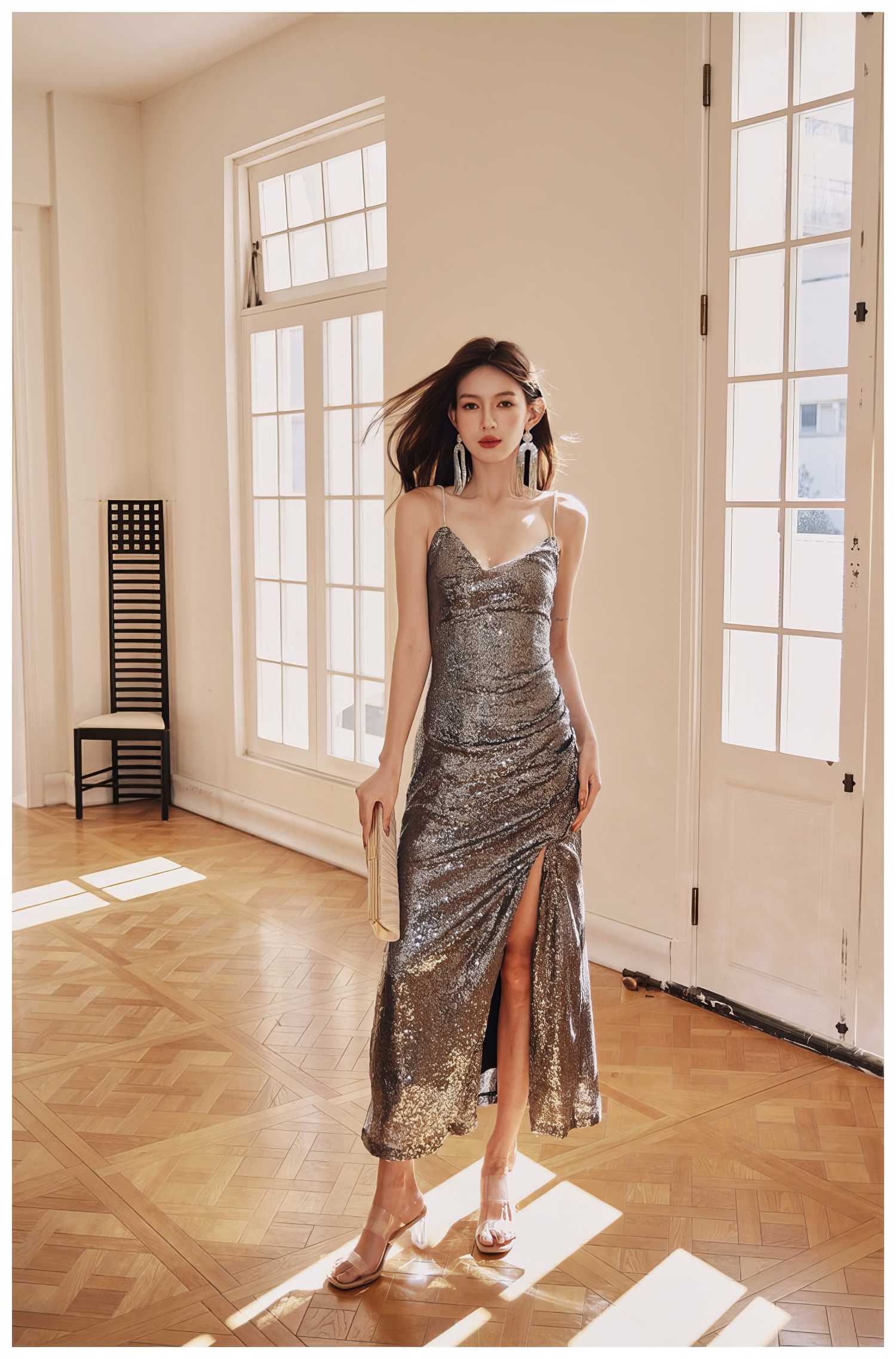 Rhinestone Strap Open Back Sequin Evening Dress M / Silver / Strappy