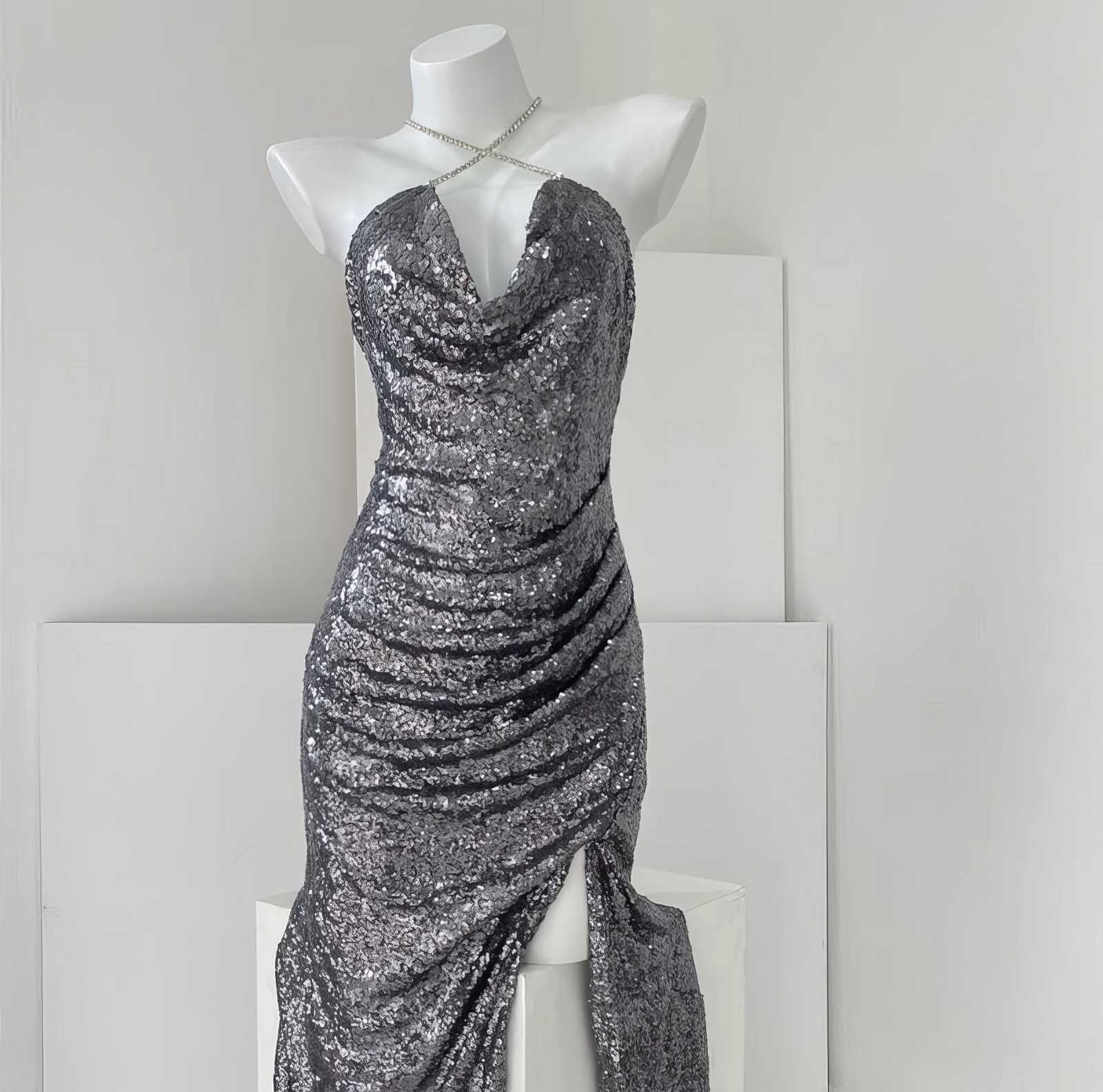 Rhinestone Strap Open Back Sequin Evening Dress S / Silver / Halter