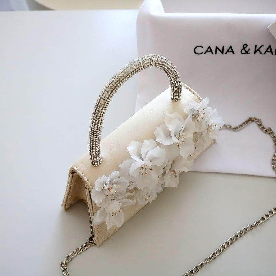 Rhinestone Top Handle 3D Floral Clutch Bag Bisque