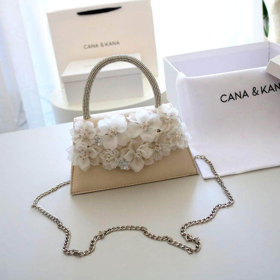 Rhinestone Top Handle 3D Floral Clutch Bag Bisque