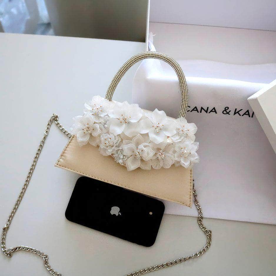 Rhinestone Top Handle 3D Floral Clutch Bag Bisque