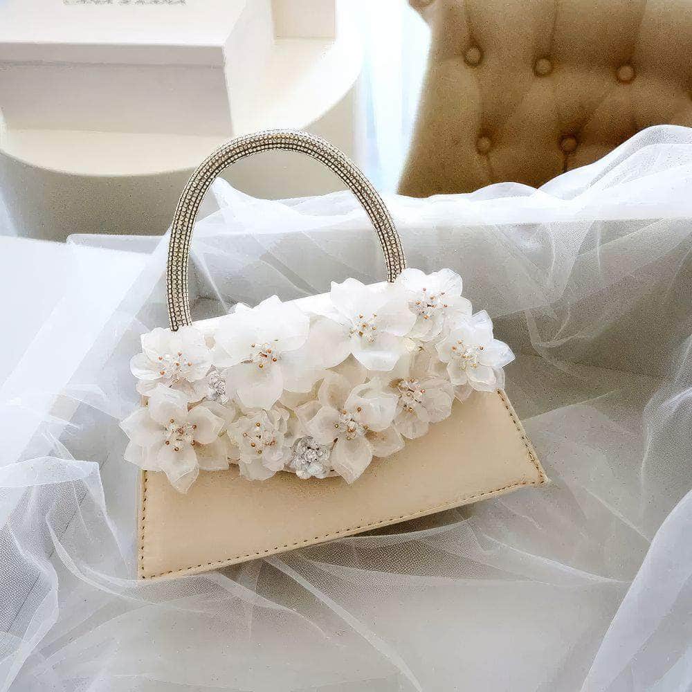 Rhinestone Top Handle 3D Floral Clutch Bag Bisque
