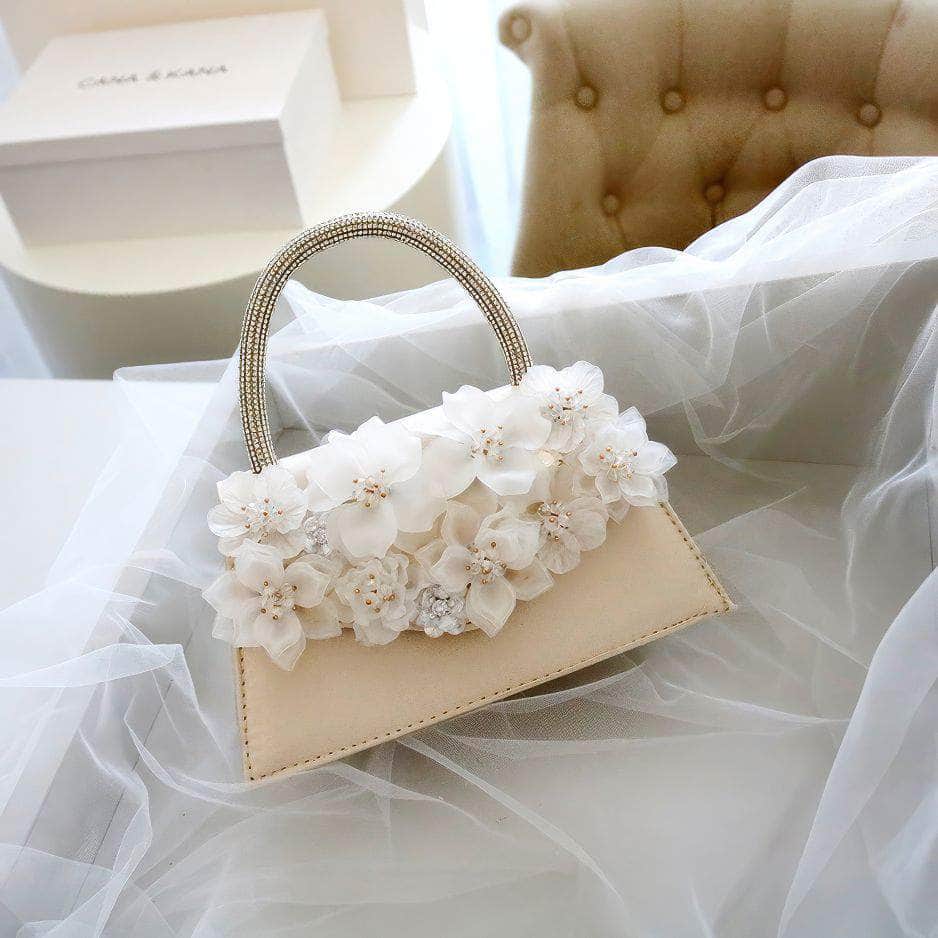 Rhinestone Top Handle 3D Floral Clutch Bag Bisque