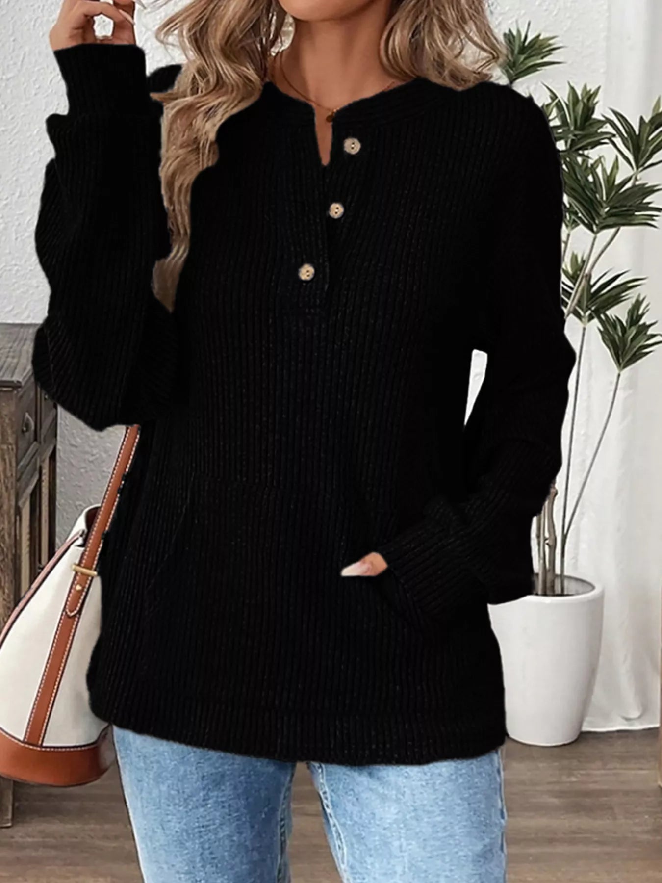 Ribbed Button Detail Long Sleeve T-Shirt Black / S