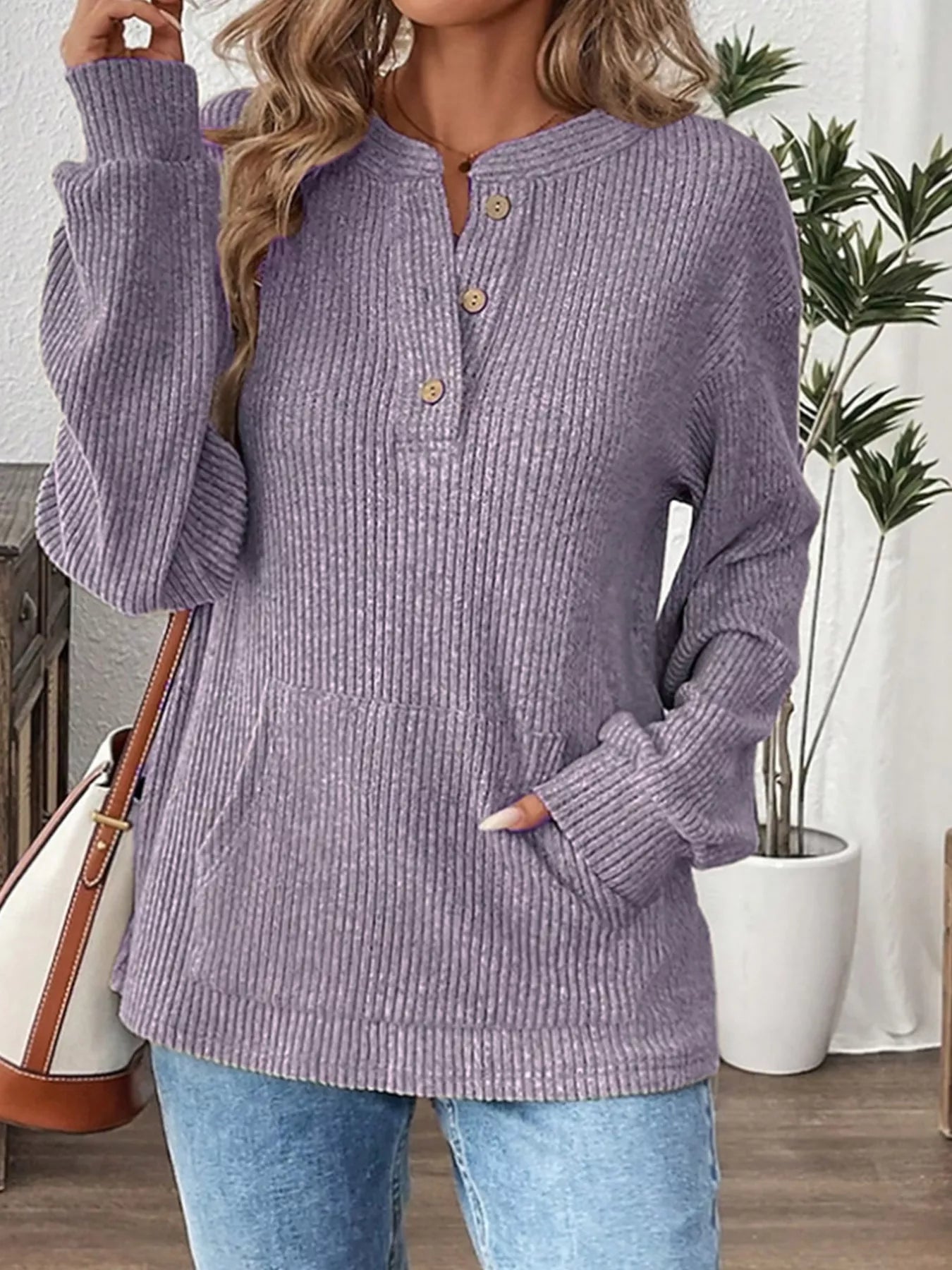 Ribbed Button Detail Long Sleeve T-Shirt Lavender / S