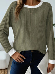 Ribbed Contrast Cuffed Round Neck Long Sleeve T Shirt