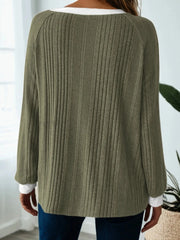 Ribbed Contrast Cuffed Round Neck Long Sleeve T Shirt