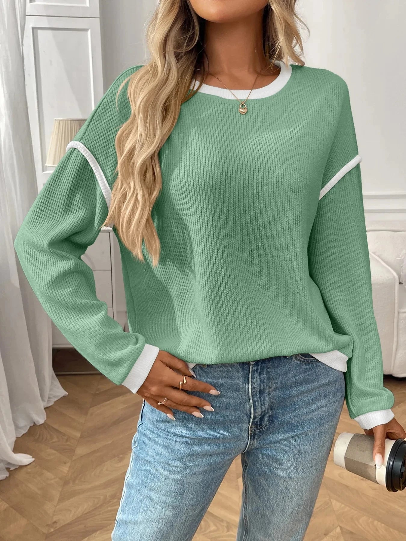 Ribbed Contrast Trim Long Sleeve Top