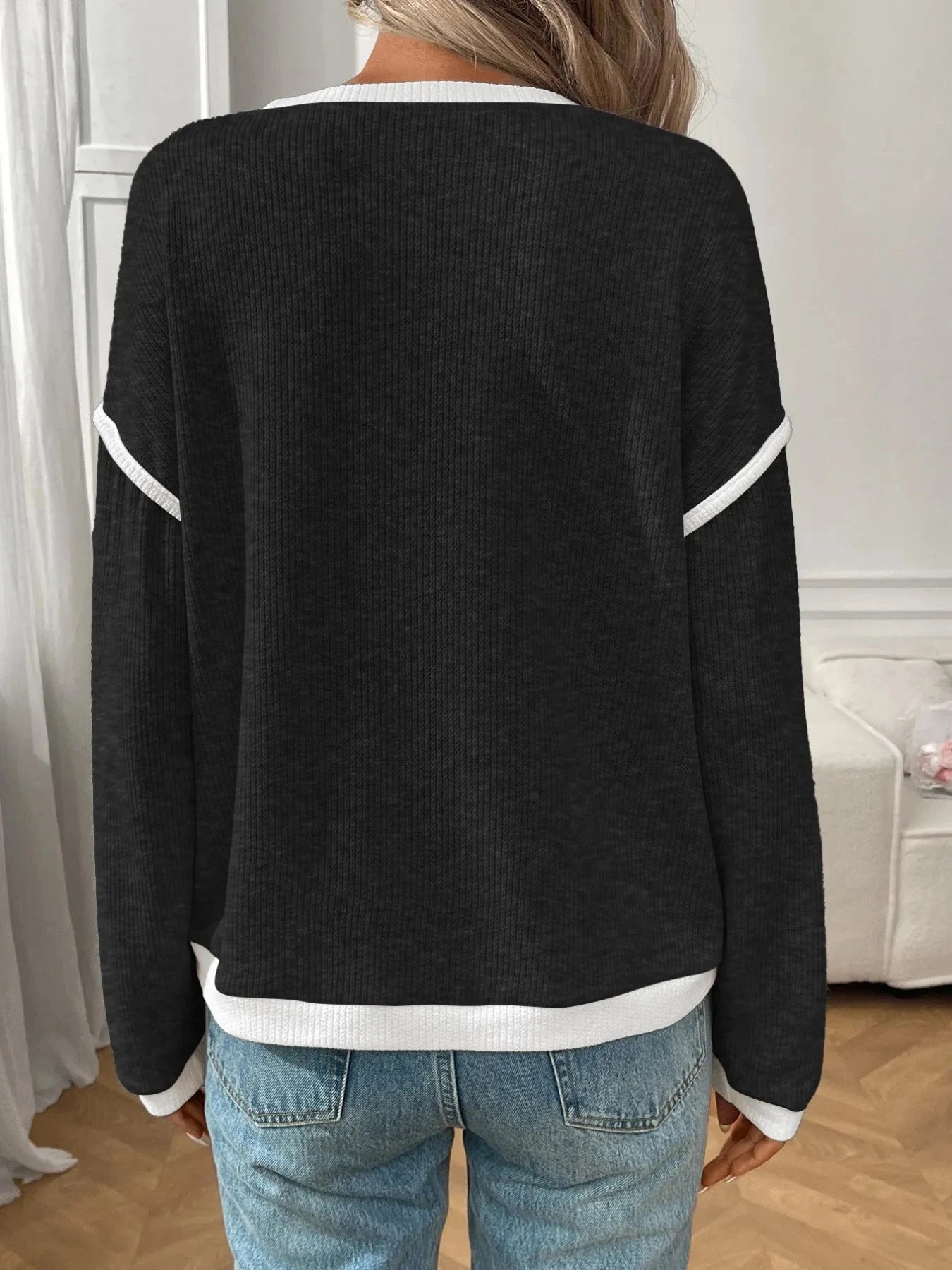 Ribbed Contrast Trim Long Sleeve Top