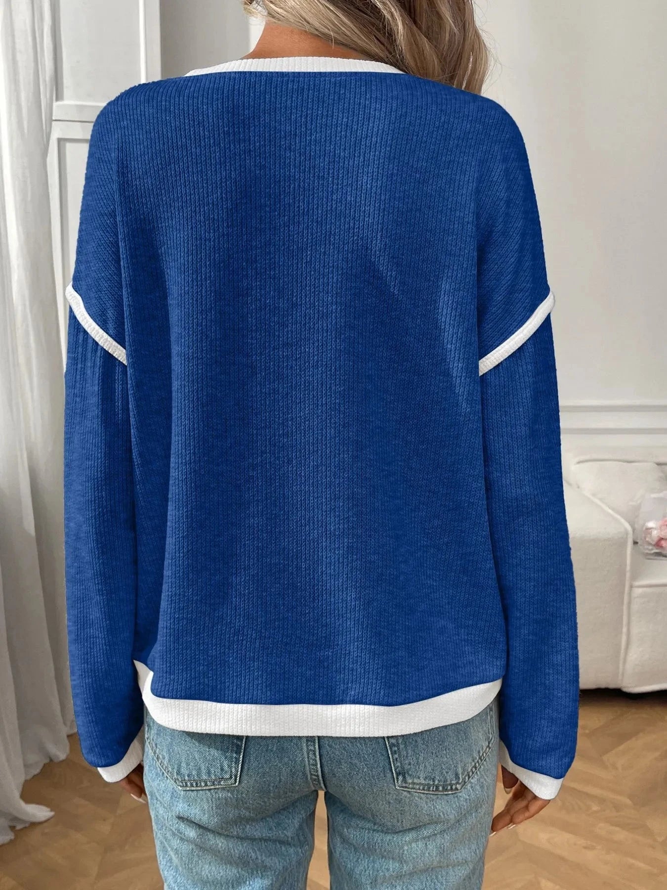 Ribbed Contrast Trim Long Sleeve Top