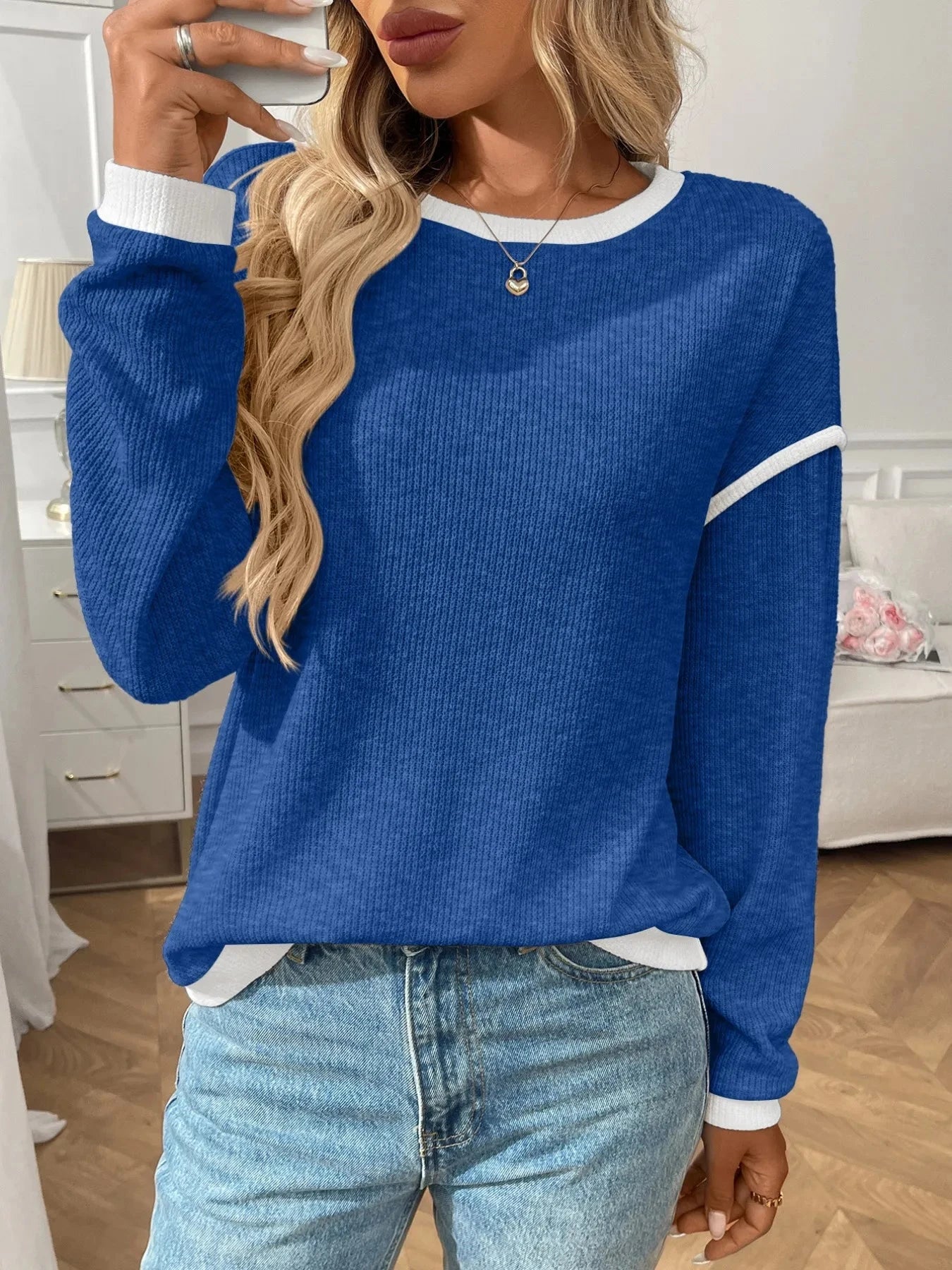 Ribbed Contrast Trim Long Sleeve Top