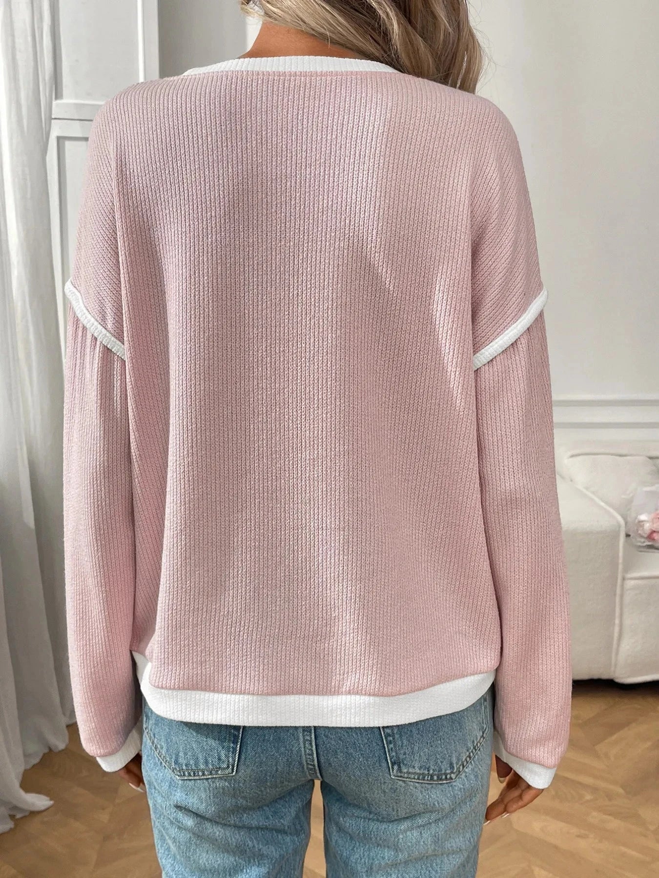 Ribbed Contrast Trim Long Sleeve Top