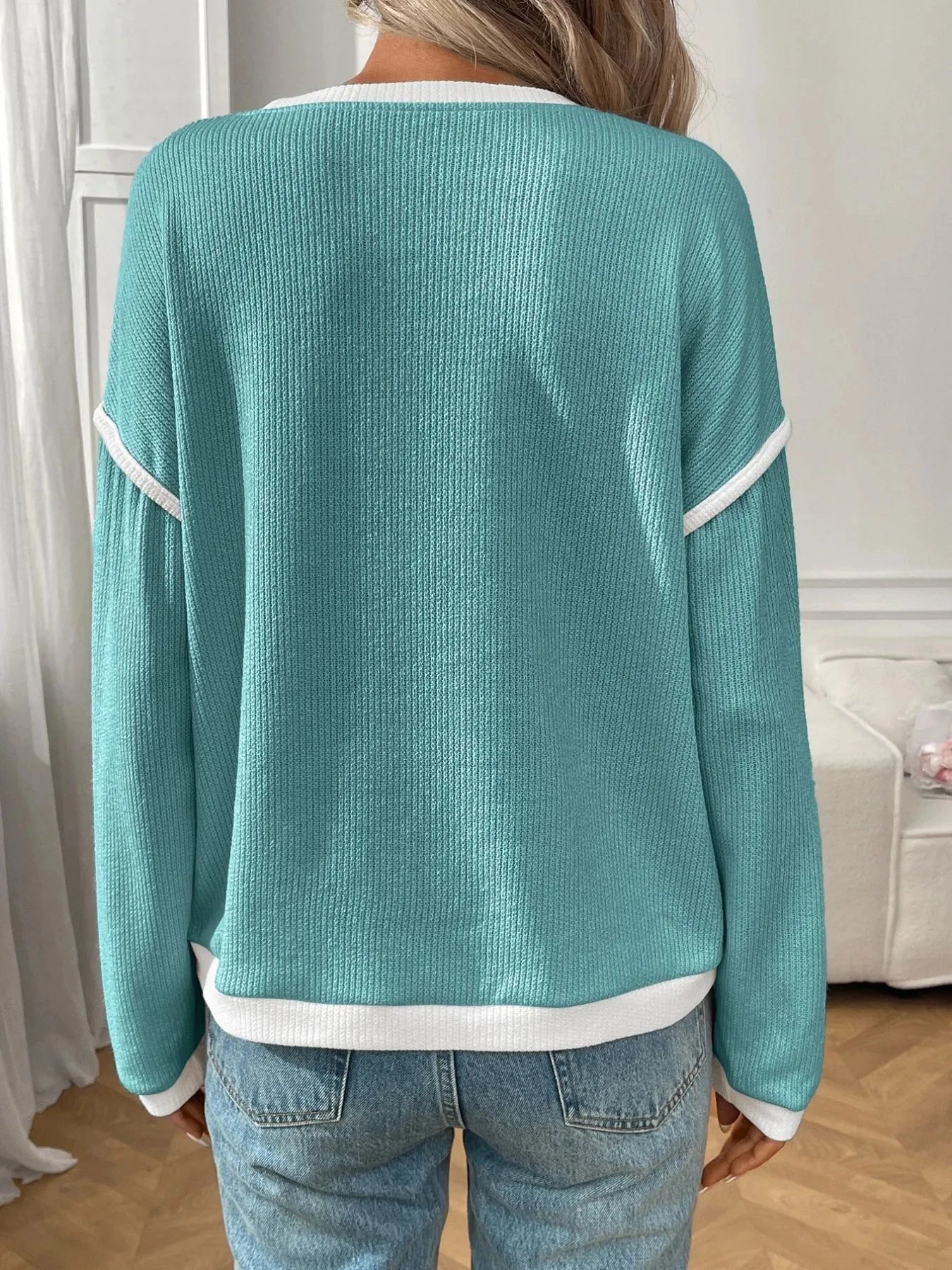Ribbed Contrast Trim Long Sleeve Top