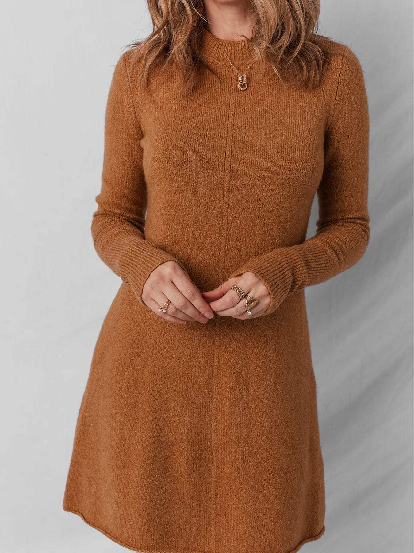 Ribbed Detail Solid Color Mini Sweater Dress