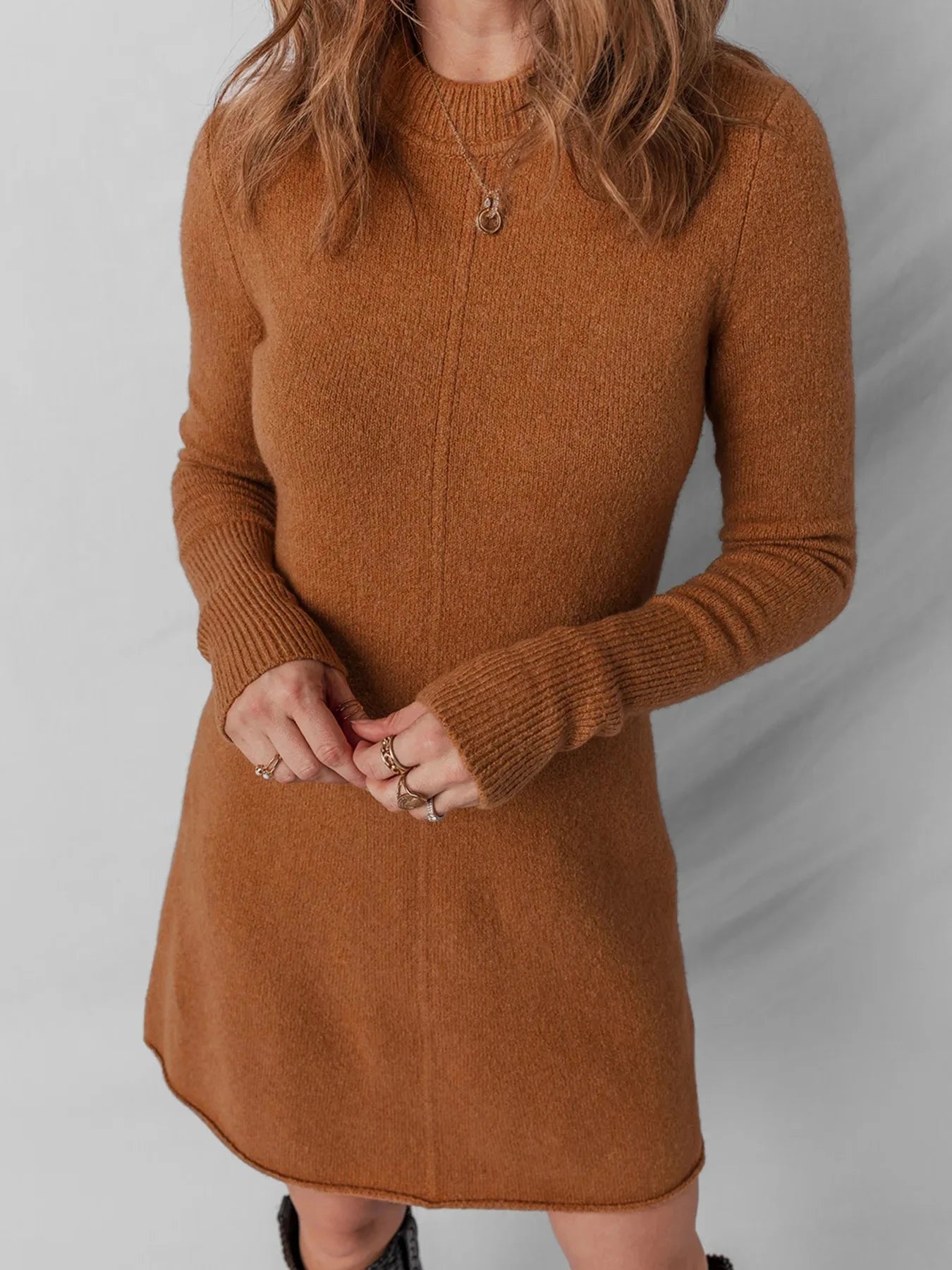 Ribbed Detail Solid Color Mini Sweater Dress