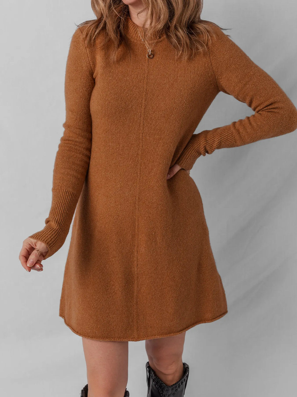 Ribbed Detail Solid Color Mini Sweater Dress Caramel / S