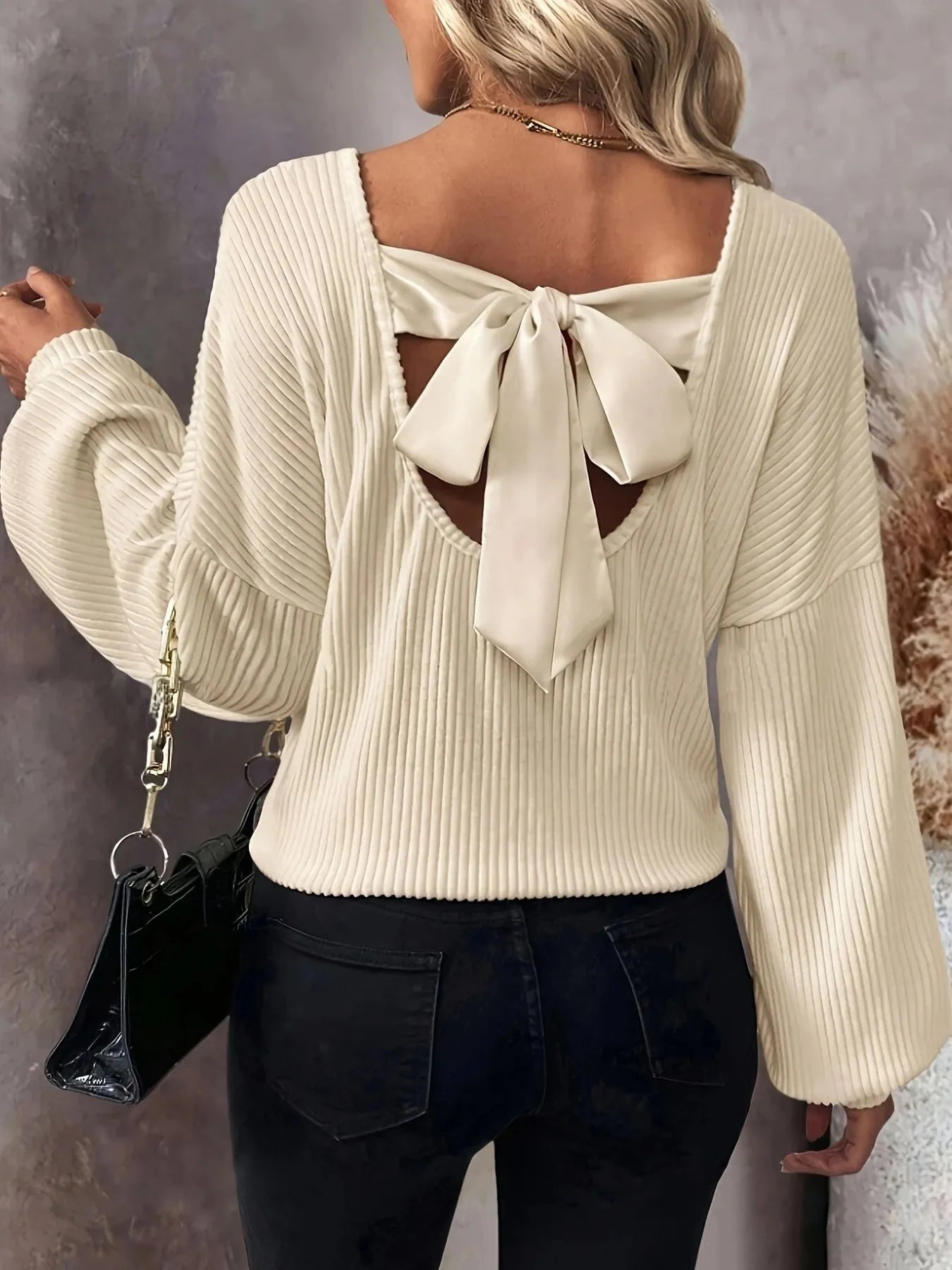 Ribbed Knit Back Bow Tie Blouse