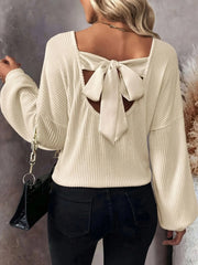 Ribbed Knit Back Bow Tie Blouse