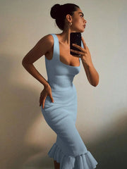 Ribbed Knit Bodycon Mermaid Dress with Ruffle Hem