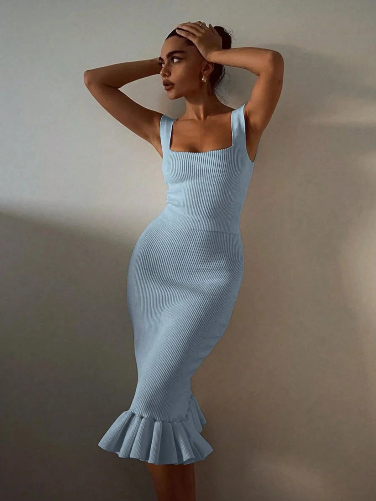 Ribbed Knit Bodycon Mermaid Dress with Ruffle Hem Light Blue / XS