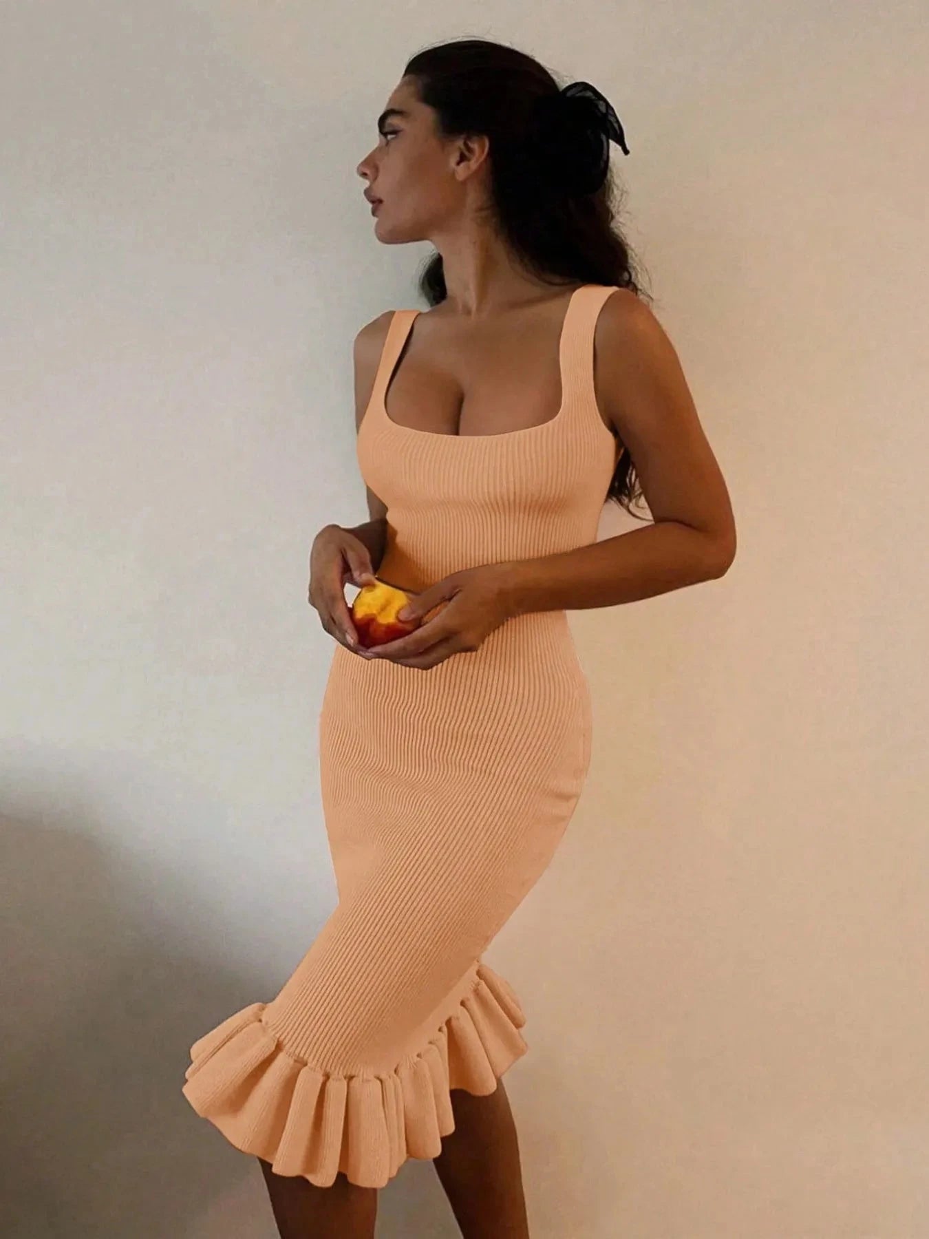 Ribbed Knit Bodycon Mermaid Dress with Ruffle Hem Pale Blush / XS