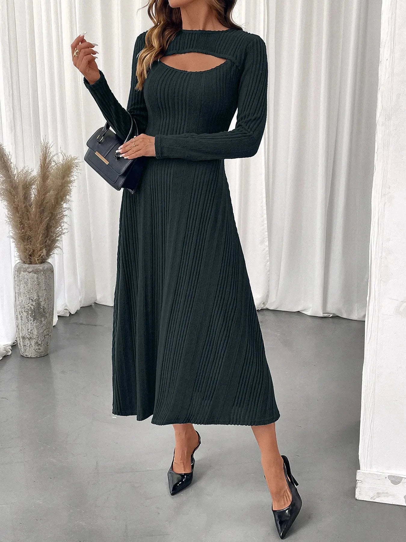 Ribbed Knit Cutout Long Sleeve Midi Dress