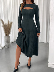 Ribbed Knit Cutout Long Sleeve Midi Dress Black Forest / S