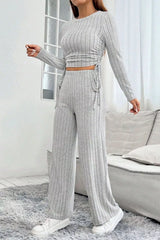 Ribbed Knit Long Sleeve Top & Wide Leg Pants Set
