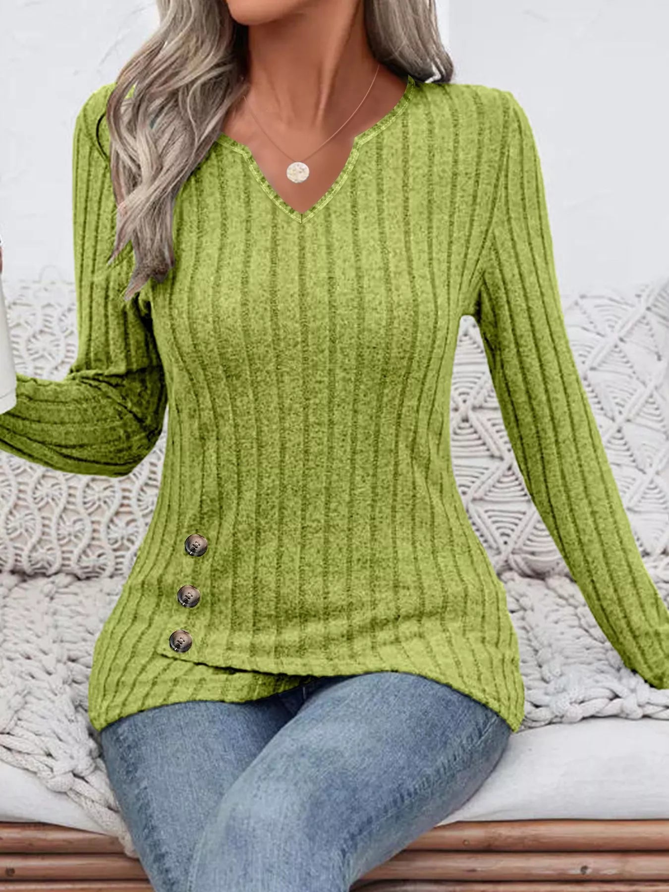 Ribbed Knit Notched Long Sleeve Top