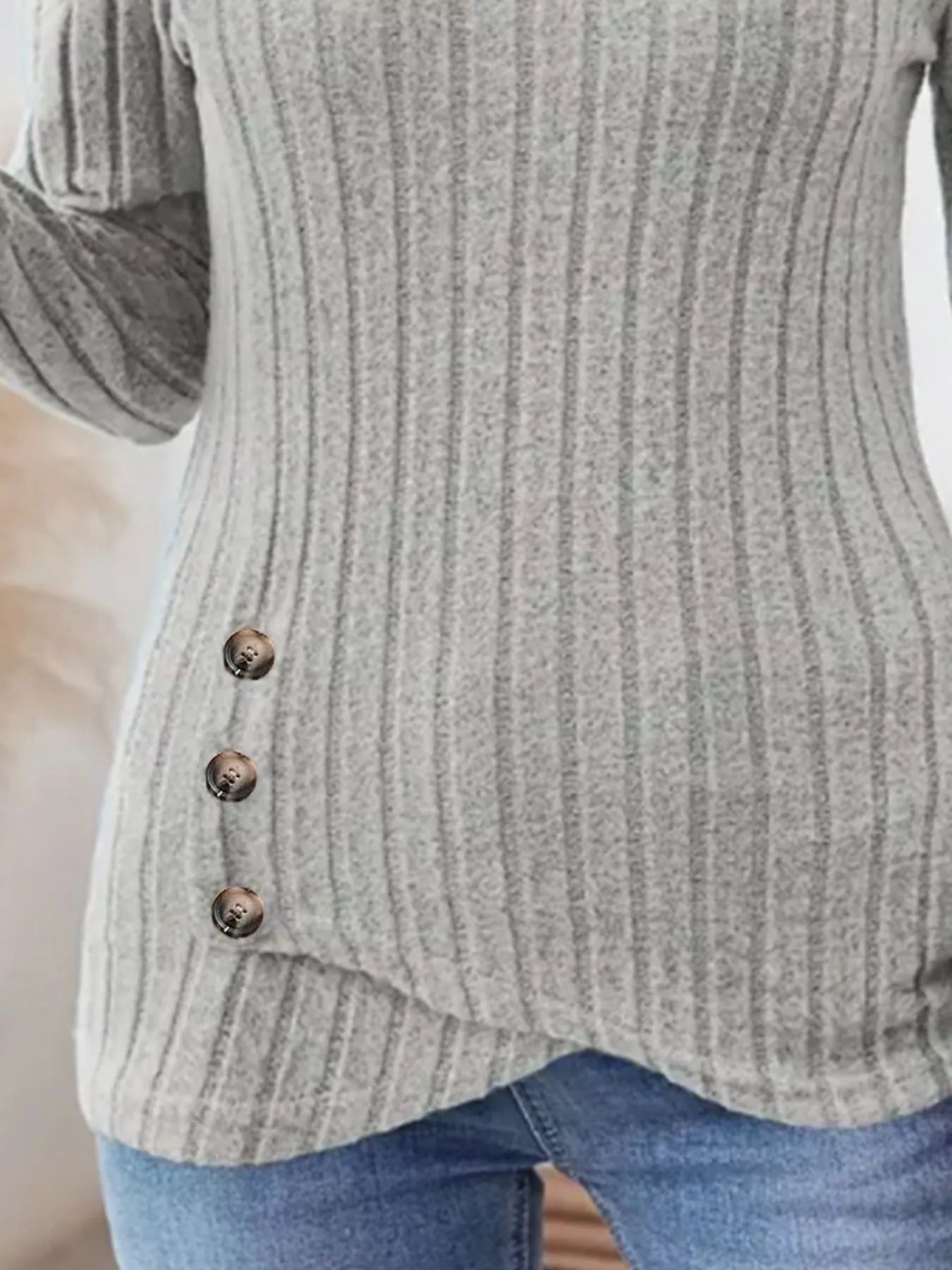 Ribbed Knit Notched Long Sleeve Top